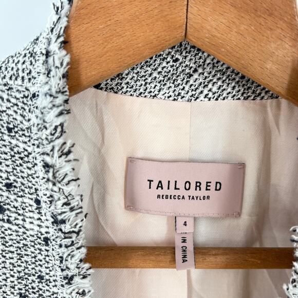 Rebecca Taylor Tweed Blazer 4 Jacket Gray White Black Fringe Covered Button - Picture 6 of 7